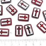 Rectangle Flat Window Table Cut Cross Religious Rosary Crucifix Czech Beads - Picasso Dark Ruby Red Silver Wash - 17mm
