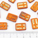 Rectangle Flat Window Table Cut Cross Religious Rosary Crucifix Czech Beads - Picasso Orange Gold Wash - 17mm