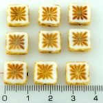 Flower Square Window Table Cut Flat Czech Beads - White Brown Rustic Picasso - 10mm