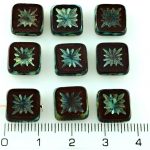 Flower Square Window Table Cut Flat Czech Beads - Picasso Brown Opaque Bordeaux Red Rustic - 10mm