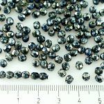 Round Faceted Fire Polished Czech Beads - Jet Black Silver Picasso - 4mm