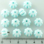 Squashed Melon Halloween Pumpkin Fruit Czech Beads - Opaque White Turquoise Striped - 11mm