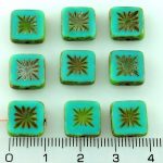 Flower Square Window Table Cut Flat Czech Beads - Picasso Brown Opaque Turquoise Green - 10mm