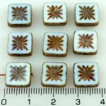 Flower Square Window Table Cut Flat Czech Beads - Picasso White Luster Purple Gold Shine - 10mm