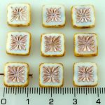 Flower Square Window Table Cut Flat Czech Beads - Picasso Brown White Silver Pink - 10mm