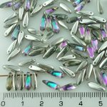 Dagger Leaf Czech Beads - Crystal Light Vitrail Purple Turquoise Metallic Silver Half - 11mm