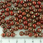 Round Czech Beads - Picasso Silver Opaque Coral Red - 6mm