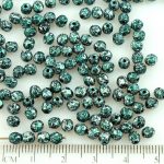 Round Faceted Fire Polished Czech Beads - Opaque Jet Black Granite Green Silver Tweedy - 4mm