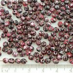 Round Faceted Fire Polished Czech Beads - Opaque Jet Black Granite Tweedy Pink Silver Patina Spotted - 4mm