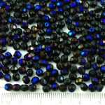 Round Faceted Fire Polished Czech Beads - Jet Black Blue Azure - 4mm