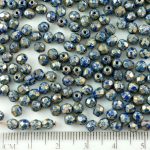 Round Faceted Fire Polished Czech Beads - Picasso Silver Opaque Dark Blue Sapphire - 4mm