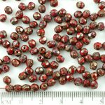 Round Faceted Fire Polished Czech Beads - Picasso Silver Opaque Coral Red - 4mm