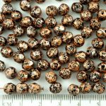 Round Faceted Fire Polished Czech Beads - Opaque Jet Black Granite Bronze Light Copper Silver Tweedy Patina - 6mm