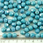 Round Faceted Fire Polished Czech Beads - Chalk Gray Blue Luster - 6mm