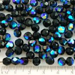 Round Faceted Fire Polished Czech Beads - Black AB Half - 6mm