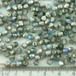 Round Faceted Fire Polished Czech Beads - Matte Graphite Silver Rainbow Half - 4mm