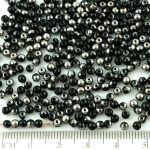 Round Czech Beads - Jet Black Metallic Dark Silver Half - 3mm