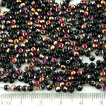 Round Czech Beads - Opaque Jet Black Metallic Sliperit Iris Gold Purple Half - 3mm
