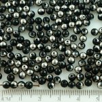 Round Czech Beads - Jet Black Metallic Dark Silver Half - 4mm