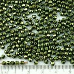 Round Faceted Fire Polished Czech Beads - Metallic Green Luster - 3mm