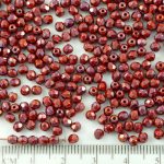 Round Faceted Fire Polished Czech Beads - Opaque Coral Red Purple Nebula - 3mm