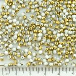Round Faceted Fire Polished Czech Beads - Opaque Alabaster White Metallic Gold Half - 3mm
