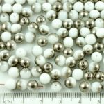 Round Czech Beads - Opaque White Metallic Dark Silver Half - 6mm