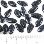 Dagger Leaf Czech Beads - Opaque Jet Black Silver Marble Stardust - 12mm