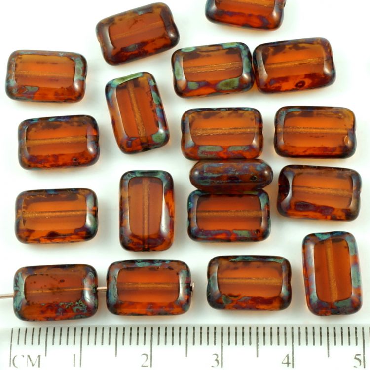 Czech Glass 15x10mm Sandblasted Rectangles Beads Jet  6 Pieces