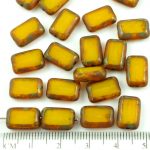 Rectangle Table Cut Flat Czech Beads - Picasso Brown Crystal Yellow Amber Opal - 12mm