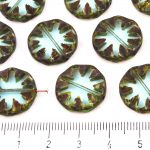 Flower Coin Window Table Cut Flat Czech Beads - Picasso Brown Aquamarine Blue Crystal - 18mm