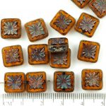 Flower Square Window Table Cut Flat Czech Beads - Picasso Matte Crystal Yellow Topaz - 10mm