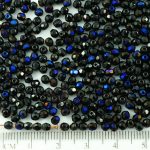 Round Faceted Fire Polished Czech Beads - Opaque Jet Black Metallic Blue Azure Half Luster - 3mm