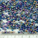 Round Faceted Fire Polished Czech Beads - Crystal Magic Metallic Blue Pink Half - 3mm