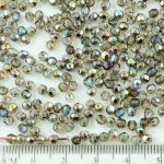 Round Faceted Fire Polished Czech Beads - Crystal Graphite Silver Rainbow Metallic Vitrail Half - 3mm
