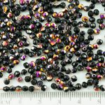 Round Faceted Fire Polished Czech Beads - Opaque Jet Black Metallic Sliperit Iris Gold Purple Half - 3mm