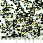 Round Faceted Fire Polished Czech Beads - Opaque Jet Black Metallic Silver Marea Gold Half - 3mm
