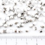 Round Faceted Fire Polished Czech Beads - White Alabaster Opal Metallic Dark Silver Chrome Half - 4mm