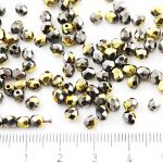 Round Faceted Fire Polished Czech Beads - Metallic California Graphite Silver Gold Half - 4mm
