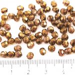 Round Faceted Fire Polished Czech Beads - Crystal Purple Brown Senegal Gold Marble Patina - 4mm