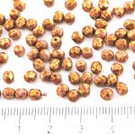 Round Faceted Fire Polished Czech Beads - White Alabaster Opal Red Brown Marble Gold Luster - 4mm