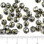 Round Faceted Fire Polished Czech Beads - Opaque Jet Black Granite Tweedy Yellow Silver Patina Spotted - 6mm