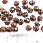 Round Faceted Fire Polished Czech Beads - Opaque Jet Black Granite Tweedy Silver Bronze Patina Spotted - 6mm