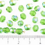 Round Faceted Fire Polished Czech Beads - Crystal Light Chrysolite Green Clear Ab Half - 6mm