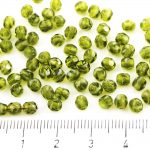 Round Faceted Fire Polished Czech Beads - Crystal Striped Moonlight Green Opal - 4mm