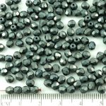 Round Faceted Fire Polished Czech Beads - Matte Metallic Jet Black Silver Hematite Luster - 4mm