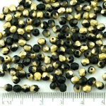 Round Faceted Fire Polished Czech Beads - Matte Metallic Opaque Jet Black Amber Gold Half - 4mm