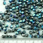Round Faceted Fire Polished Czech Beads - Metallic Opaque Jet Black Silver Hematite Luster Ab Half - 4mm