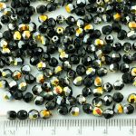 Round Faceted Fire Polished Czech Beads - Opaque Jet Black Metallic Silver Marea Gold Half - 4mm