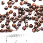 Round Faceted Fire Polished Czech Beads - Opaque Jet Black Granite Tweedy Silver Bronze Patina Spotted - 4mm